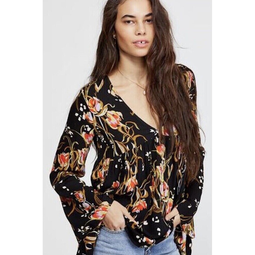 EUC! Free People Black Onyx Floral Bella Tunic Top‎ Dress Women's Size XS